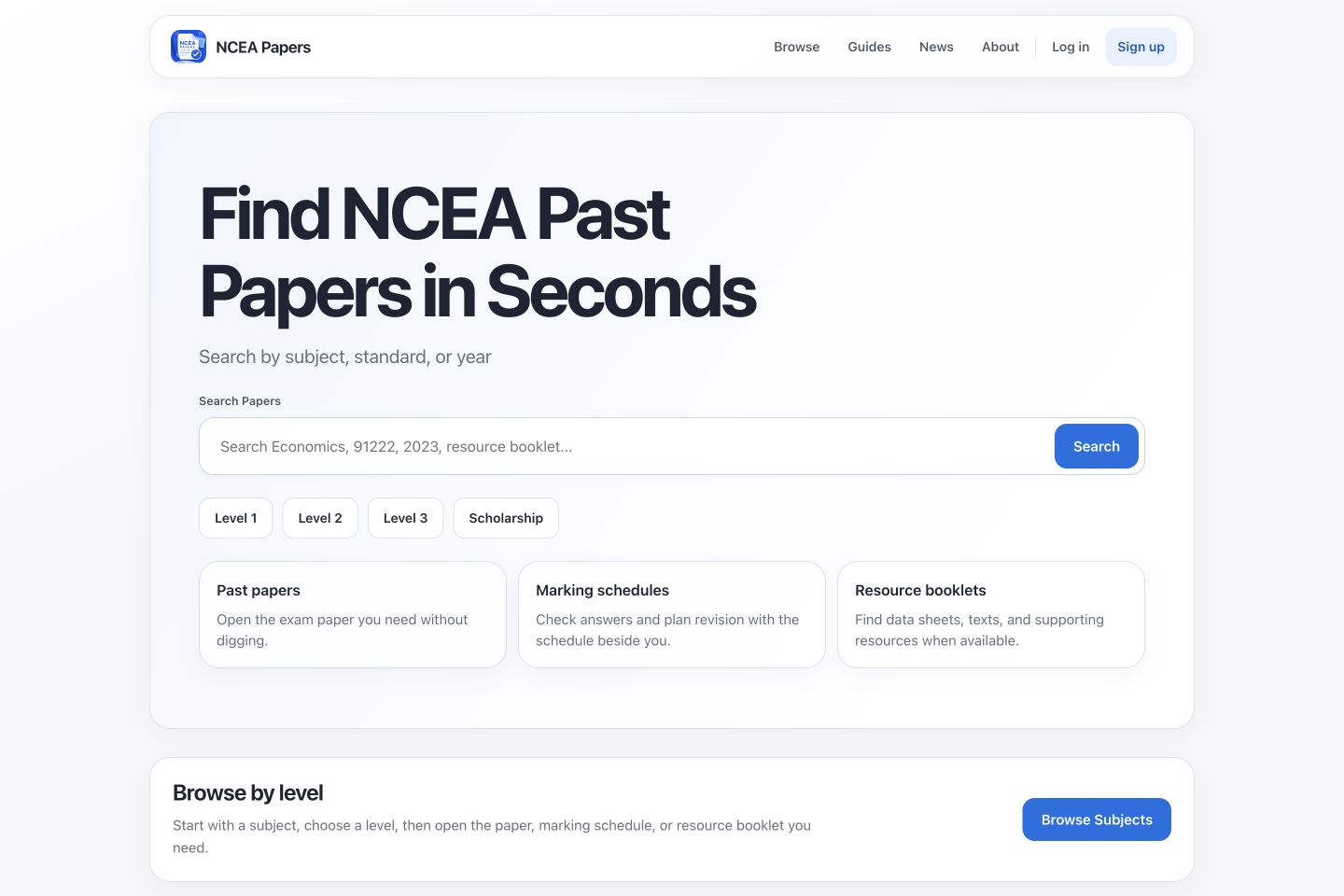 NCEA Papers website with past-paper search and level filters