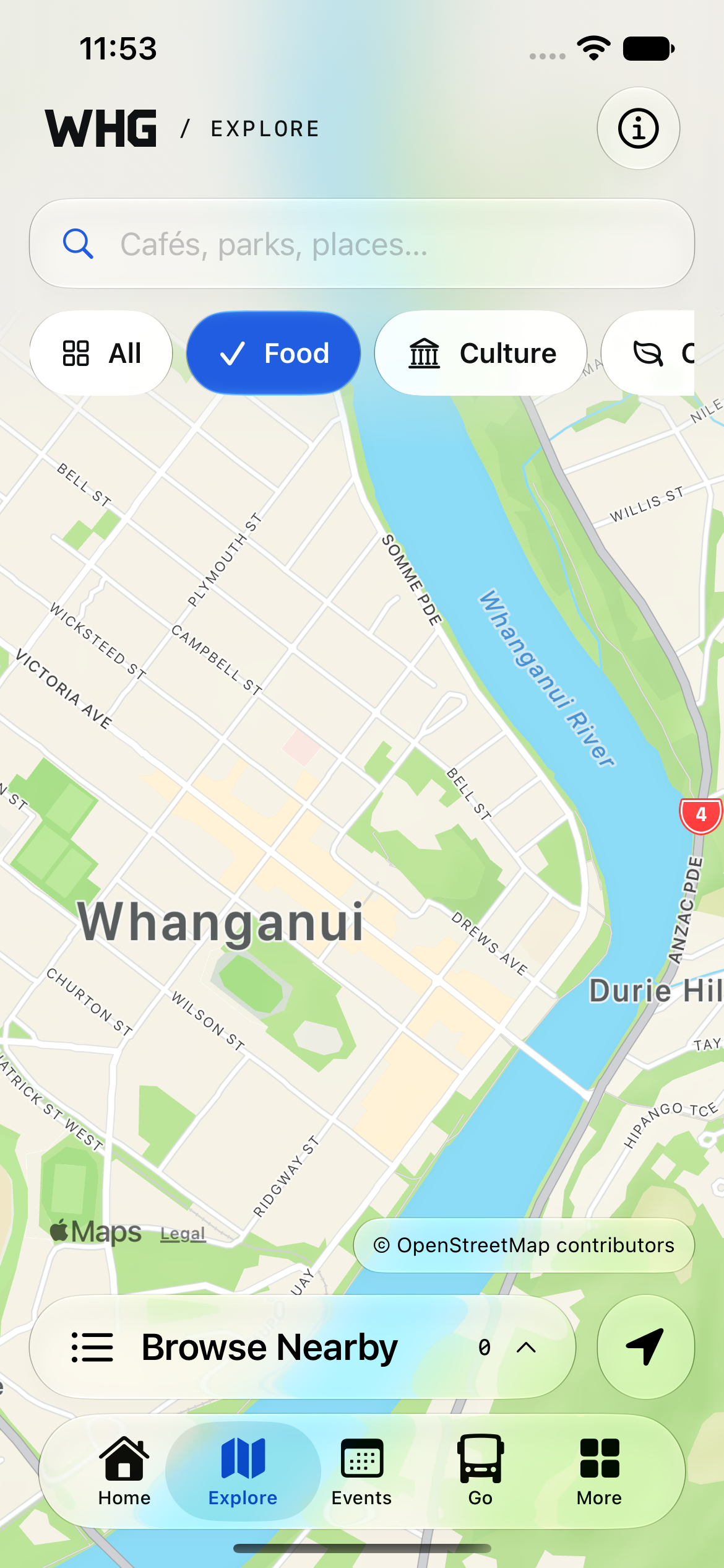 WHG iOS app development preview showing the Whanganui Explore map